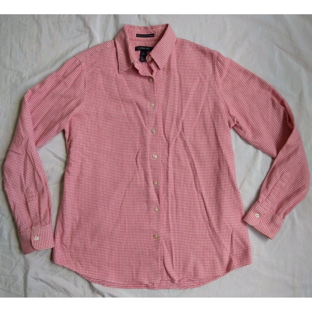 Lands' End Portuguese Cotton Flannel Pink White Houndstooth Casual Women's S 6-8